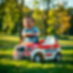 A child joyfully playing with an ambulance-themed ride-on car in a sunny park.