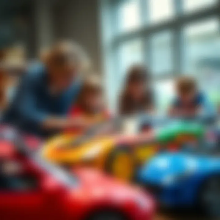 Educators interacting with children in a learning environment using toy cars.