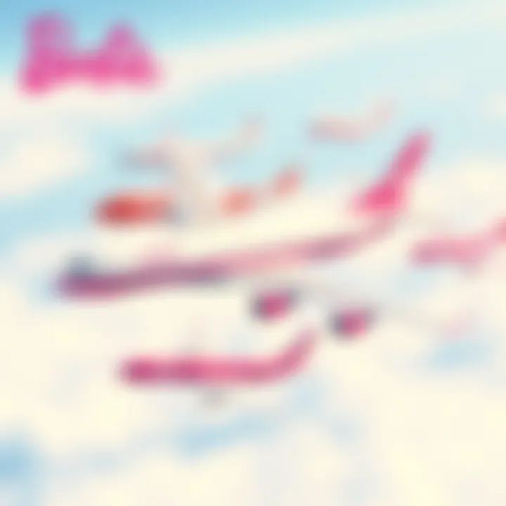 An artistic representation of the evolution of Barbie airplanes, showcasing various designs across different eras.