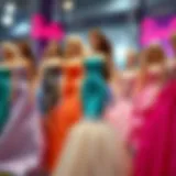 An artistic display of Barbie dresses highlighting various designs