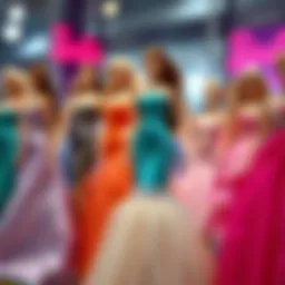 An artistic display of Barbie dresses highlighting various designs