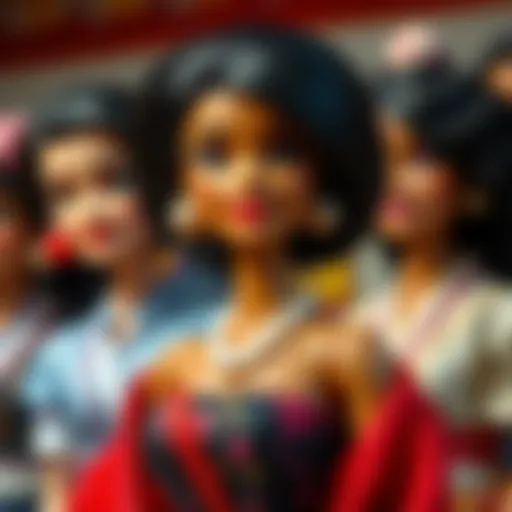 A captivating representation of the black-haired Barbie in various cultural settings