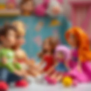 A creative depiction of children's imaginative play with diverse Barbie figures