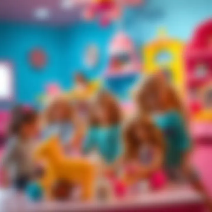 Children engaging in imaginative play with Barbie dolls in a vibrant setting
