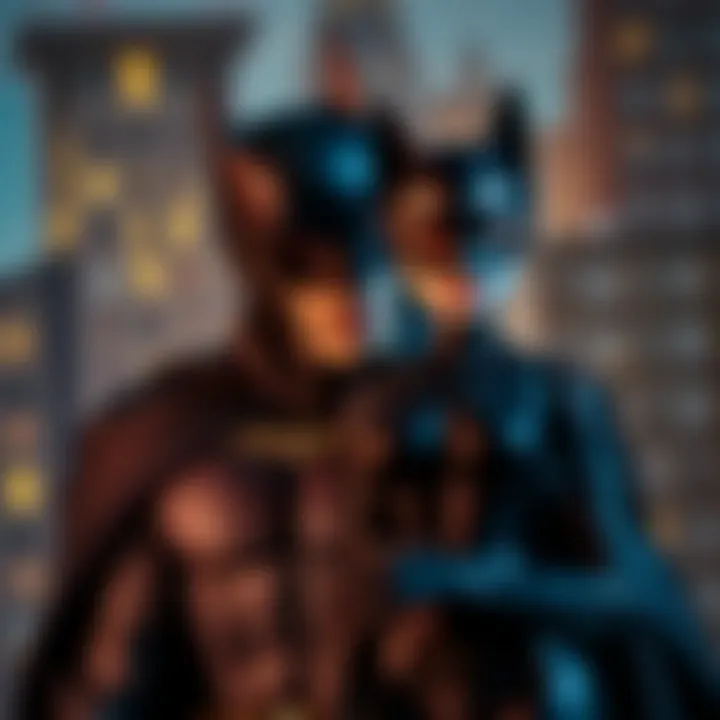 A dramatic illustration depicting the tension between Batman and Catwoman in a Gotham City backdrop.