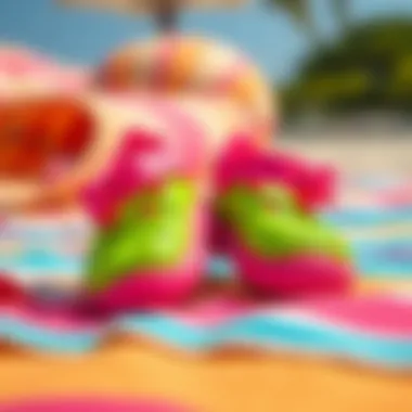 Brightly colored baby pool shoes on a beach towel