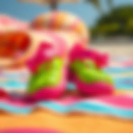 Brightly colored baby pool shoes on a beach towel