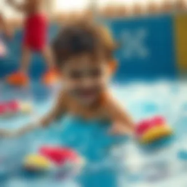 A child playing joyfully in water with colorful pool shoes