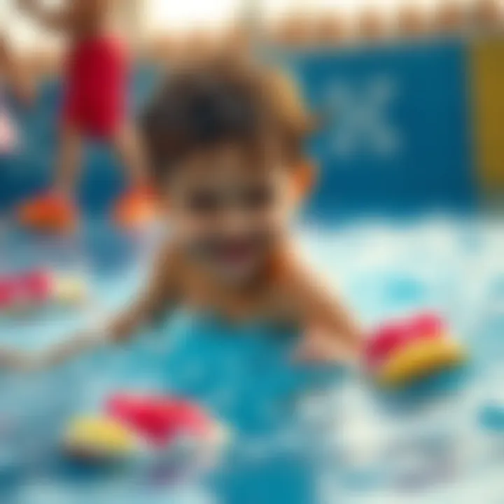 A child playing joyfully in water with colorful pool shoes