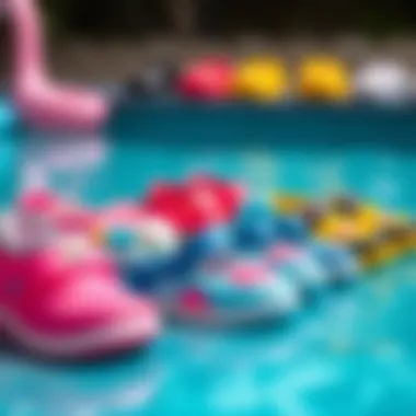 A selection of different styles of baby pool shoes displayed