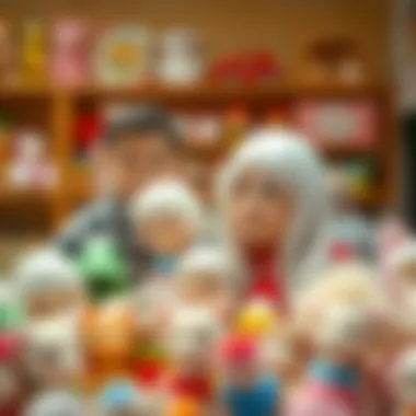 Family Choices in Toy Selection A family choosing toys featuring white-haired dolls.