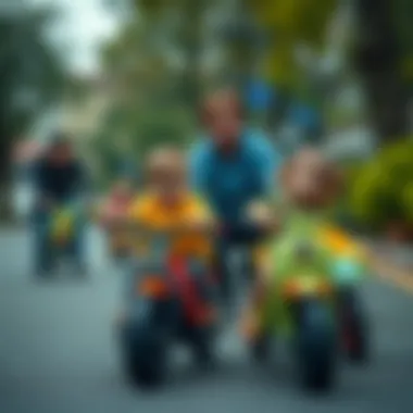 Parents supervising children while using bicycle cars