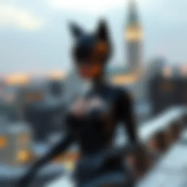 Catwoman poised on a rooftop, looking contemplative, capturing her dual nature of villainy and allure.