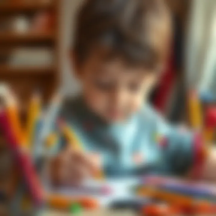 A child immersed in drawing with a colorful felt-tip pen set