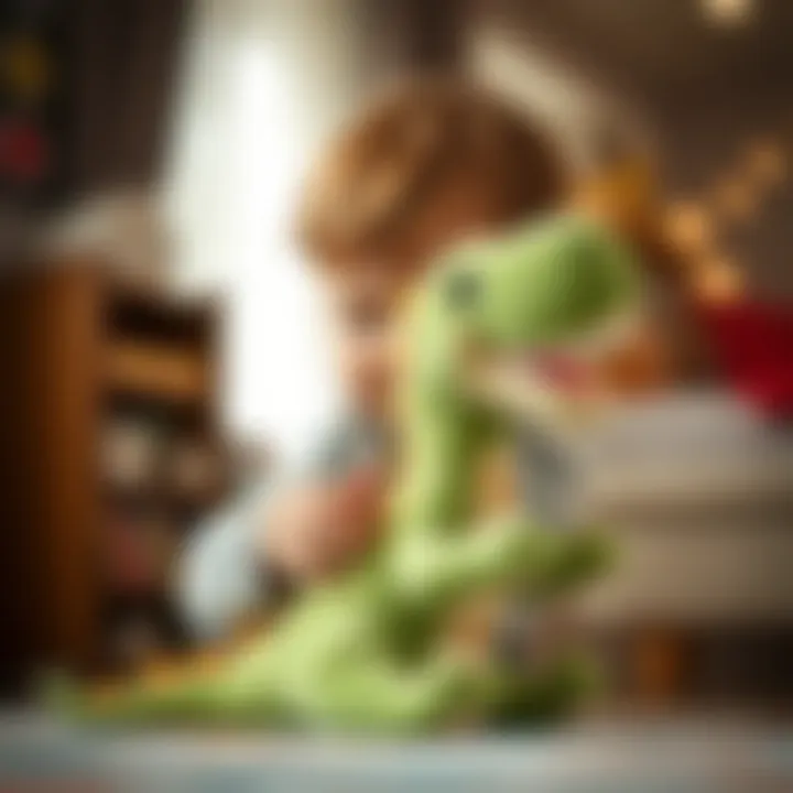 Child interacting with a soft dinosaur plush toy