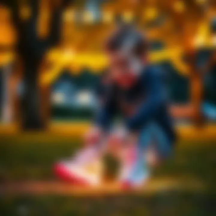 Child playing with light-up sneakers in a park