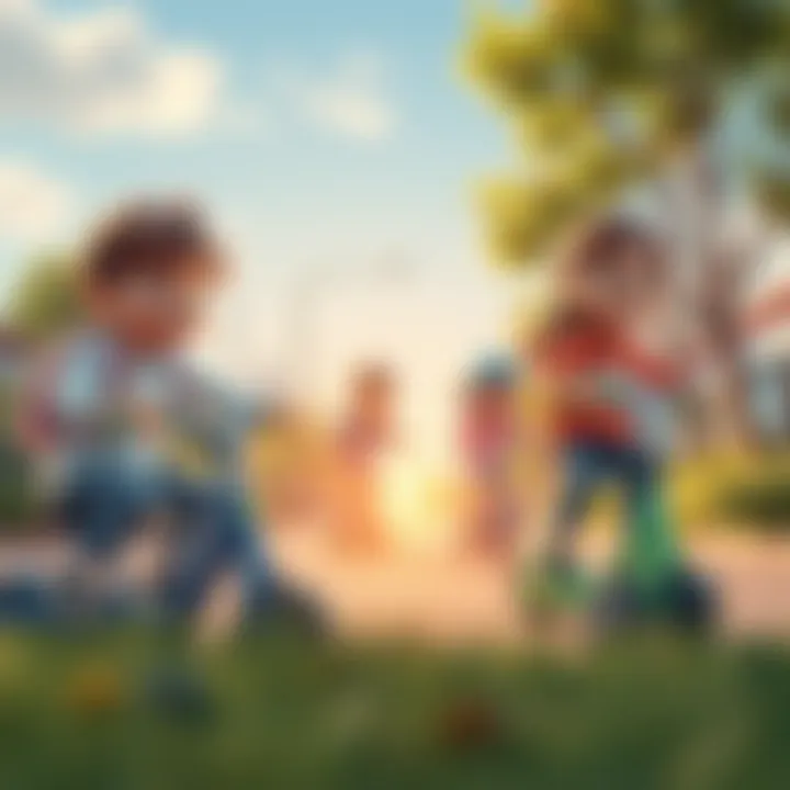 A vibrant outdoor scene with children enjoying on their scooters