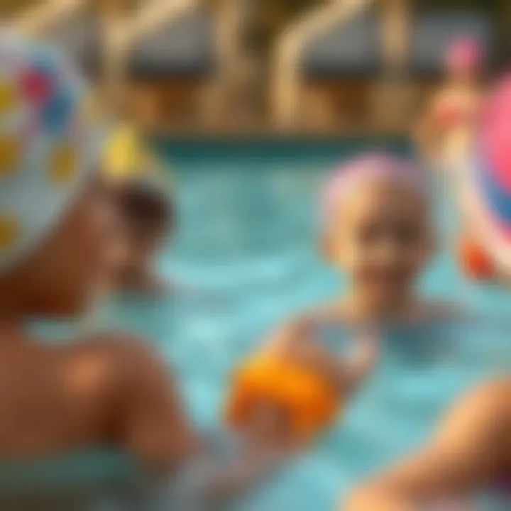 Children enjoying water activities while wearing swim caps