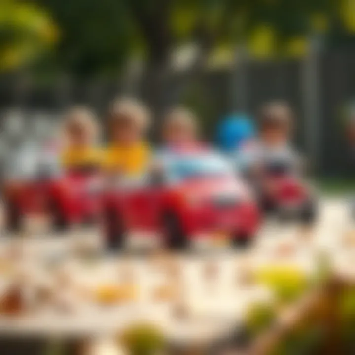 Group of children engaging in imaginative play with ambulance ride-on cars, promoting teamwork.