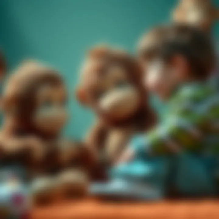 Playtime with Plush Monkeys: Enhancing Social Skills Children interacting joyfully with plush monkeys, emphasizing playtime and social skills development