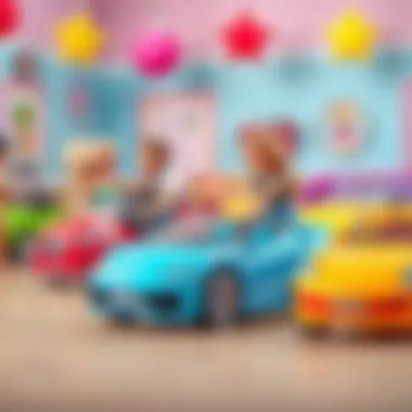 Children engaging in imaginative play with Barbie cars in a colorful setting
