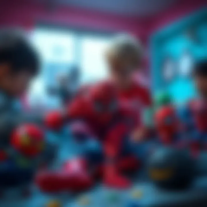 A creative representation of children playing with Spider-Man toys.