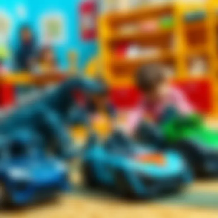 Children playing with Godzilla toy cars in a vibrant playroom.