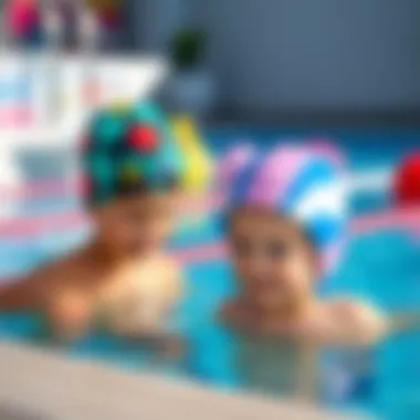 Vibrant children's swim caps displayed in a pool setting