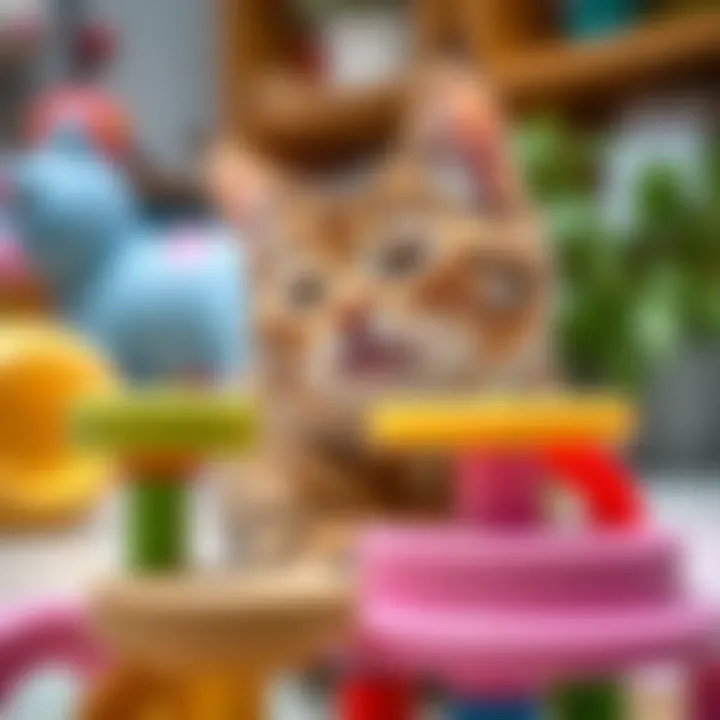 Close-up of cat enjoying the multi-level toy