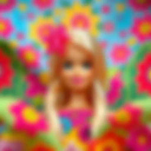 A vibrant depiction of a Barbie character surrounded by colorful patterns