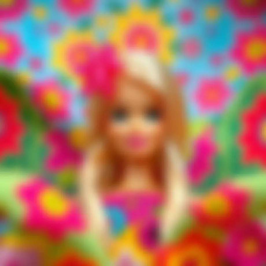A vibrant depiction of a Barbie character surrounded by colorful patterns
