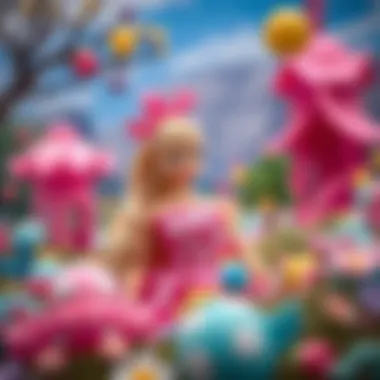 An artistic representation of Barbie in a fantastical landscape filled with whimsical elements