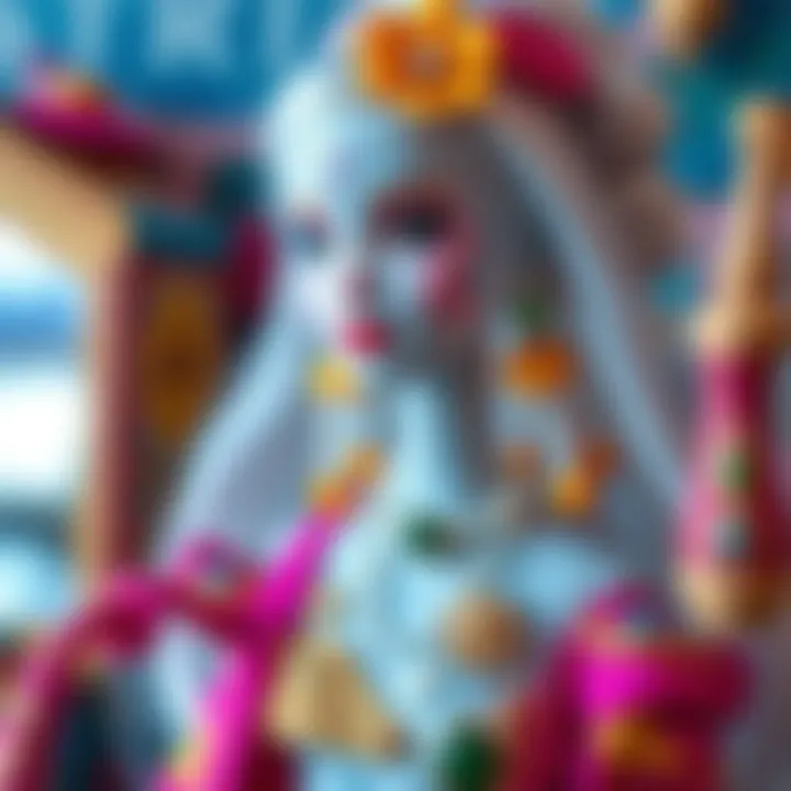 An imaginative portrayal of Barbie styled with bold colors and intricate designs