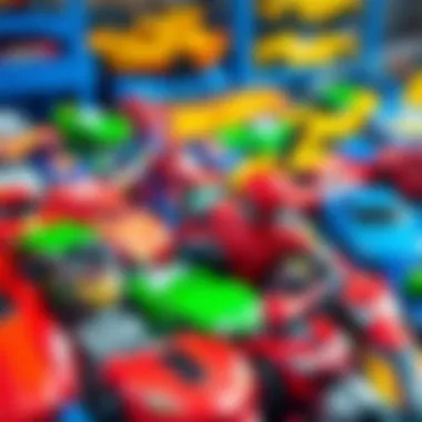 A colorful collection of Hot Wheels cars alongside Spiderman toys.