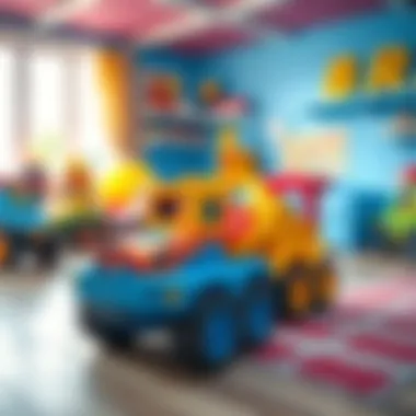Colorful toy mine carts in a playroom setting.