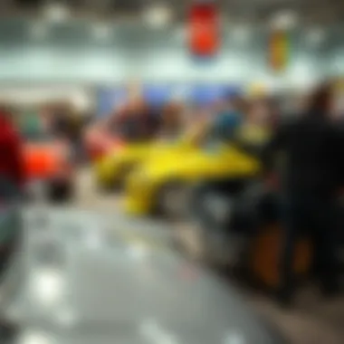 A gathering of car enthusiasts admiring customized vehicles at a show