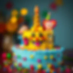 Colorful birthday cake decorated with cartoon characters