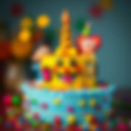 Colorful birthday cake decorated with cartoon characters