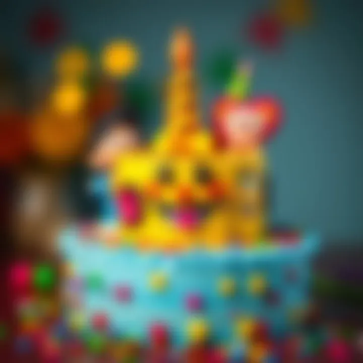 Colorful birthday cake decorated with cartoon characters