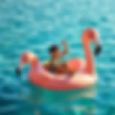 Children enjoying on a flamingo float in the water