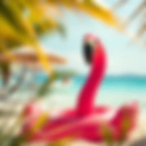 Vibrant flamingo pool float in sunny beach setting