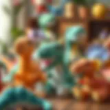 Colorful dinosaur plush toys arranged playfully