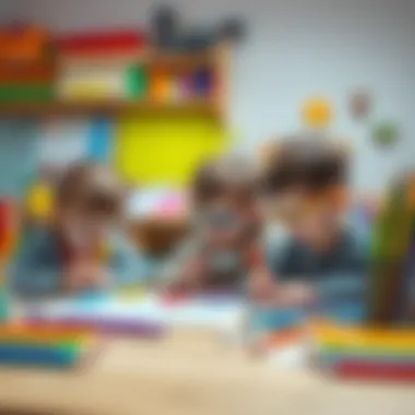 An educational setup showcasing children using felt-tip pens