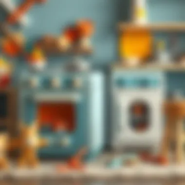 An educational setup featuring a toy oven with various play items