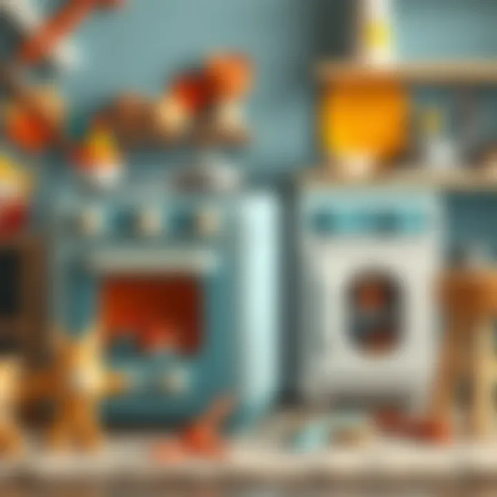 An educational setup featuring a toy oven with various play items