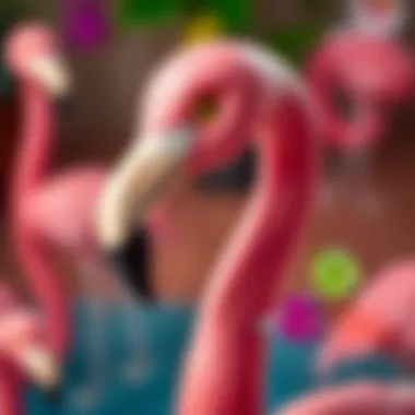 Close-up of Flamingo character features and accessories, emphasizing educational aspects