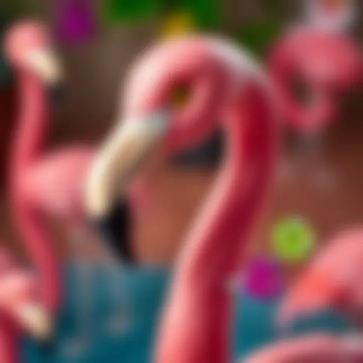 Close-up of Flamingo character features and accessories, emphasizing educational aspects