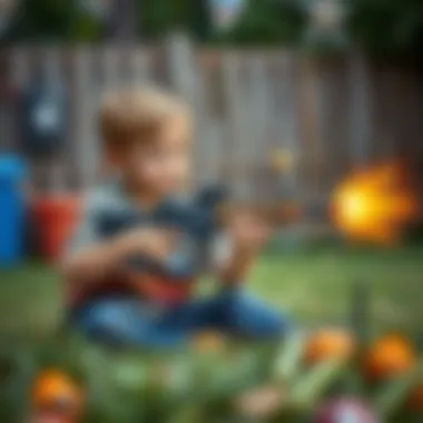 A child playing with a toy gun set in a backyard