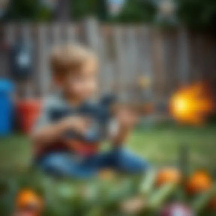A child playing with a toy gun set in a backyard