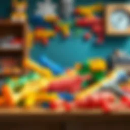 Colorful toy gun sets displayed on a table